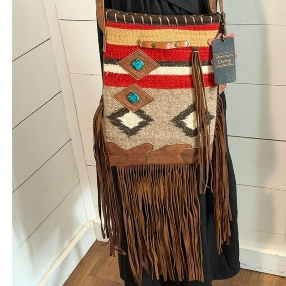 American Darling Southwestern CC Saddle Blanket Leather Fringe Crossbody NEW